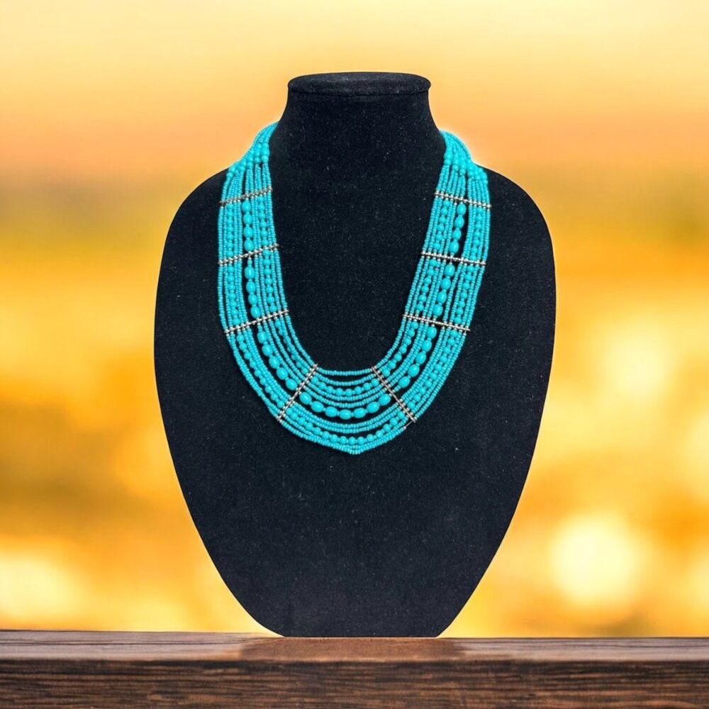 Multi-Strand Faux Turquoise Beaded Statement Necklace Silver Tone Boho Chic